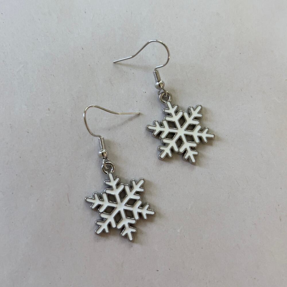 White Snowflake Earrings with Silver Tone Metal Dangle Drop Jewelry